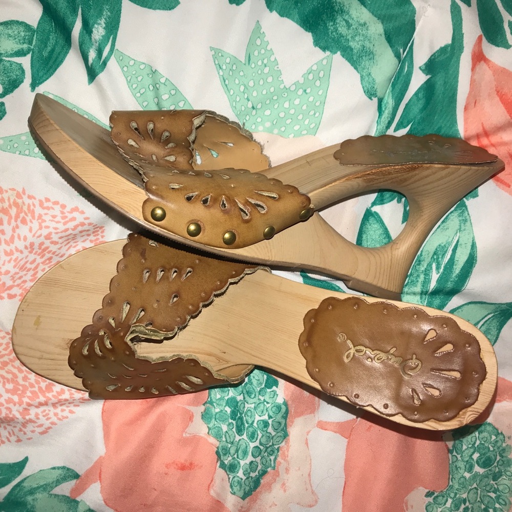 Wooden Sandal Heels Leather Print